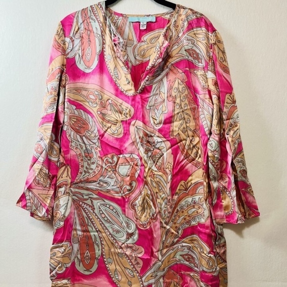 Soleil de Mer 100% Silk Dress Pink Fuschia Paisley Print Size Large Pockets - Picture 1 of 7